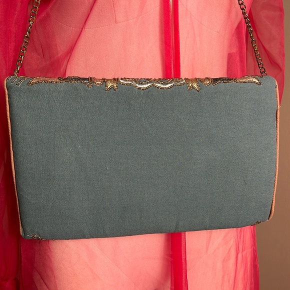 Beaded Floral Golden Clutch Purse with strap - Picture 6 of 12